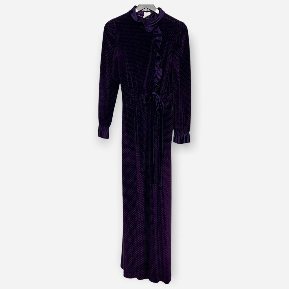 Vintage 80s Purple Satin Textured Velvet Long Robe Small